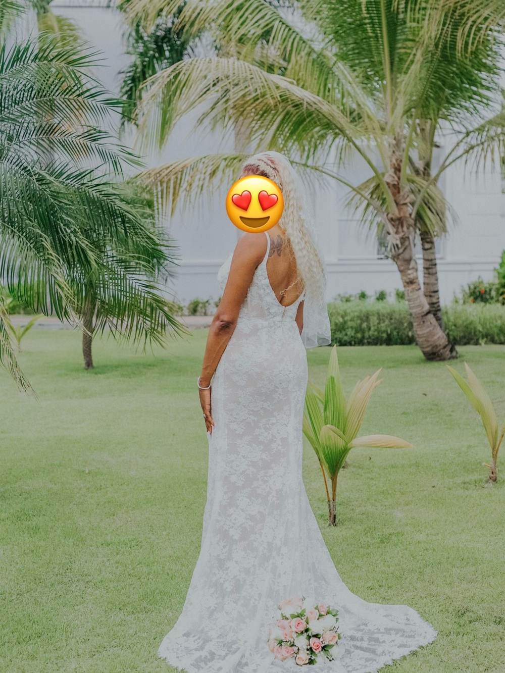 Lace Back-Detail White Wedding Dress with Sheer Train